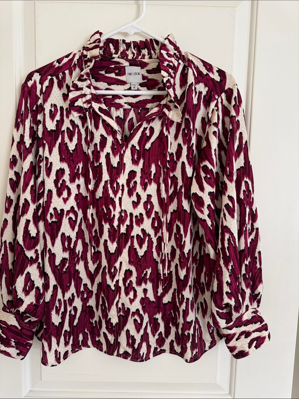 NIC+ZOE Burgundy and Cream Animal-Print Button Down Blouse
